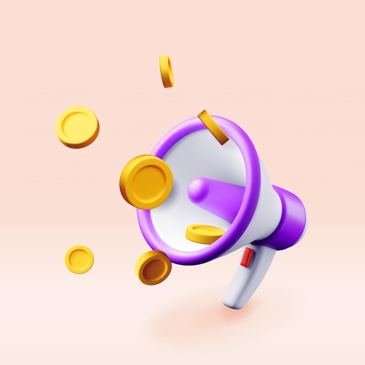 Vector megafón 3d con monedas aisladas en rosa