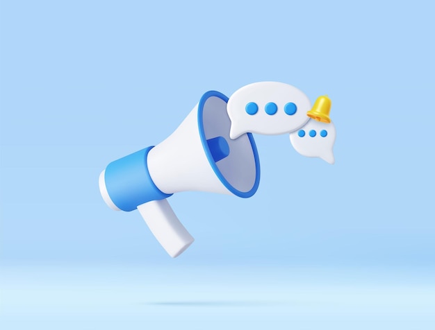 Megafón de dibujos animados 3D con notificación de campana y burbuja de habla Concepto de tiempo de marketing Noticias en línea con altavoz Promoción de redes sociales Rendering 3D Ilustración vectorial