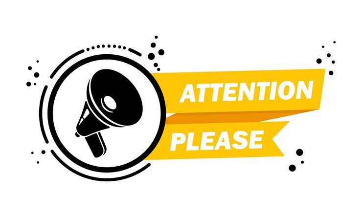 Megáfono con atención, por favor, banner de burbujas de discurso. Altoparlante. Etiqueta para negocios, marketing y publicidad. Vector sobre fondo aislado. EPS 10.