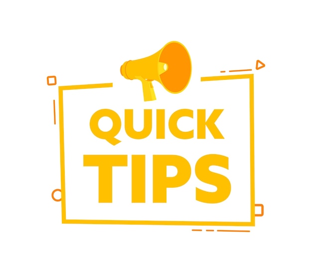 Megáfono con bandeja de burbujas de habla de Quick Tips etiqueta de promoción y publicidad