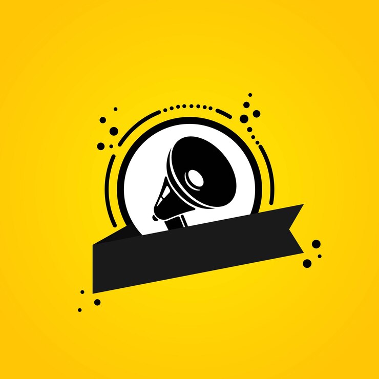 Megáfono con banner de burbujas de discurso en blanco. Altoparlante. Etiqueta para negocios, marketing y publicidad. Vector sobre fondo aislado. EPS 10.