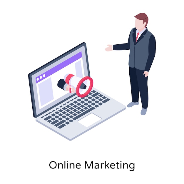 Megáfono dentro del concepto de computadora portátil de influencer marketing ilustración isométrica