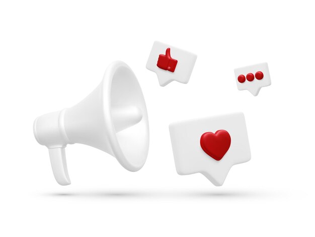 Megáfono realista 3d y pulgar volador hacia arriba iconos de corazón y chat aislados sobre fondo blanco Concepto de marketing digital y redes sociales Ilustración vectorial