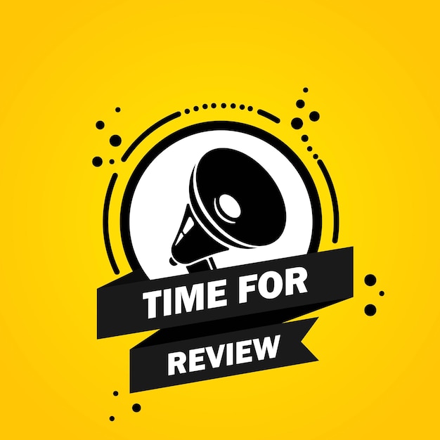 Megáfono con tiempo para revisar el banner de burbujas de discurso. Altoparlante. Etiqueta para negocios, marketing y publicidad. Vector sobre fondo aislado. EPS 10.