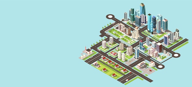 Megapolis ciudad larga calle arquitectura moderna centro de la ciudad enorme casa paisaje urbano centro con rascacielos de oficinas y construcción construcción de negocios ilustración vectorial isométrica