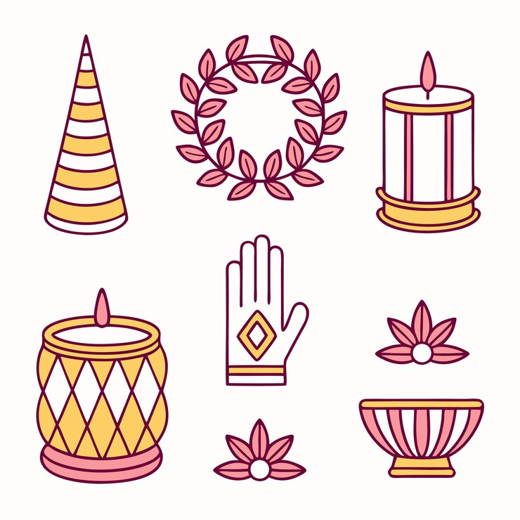 Vector mehndi ceremony vector elements set iconos tradicionales de decoración de bodas de la india