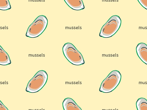 Mejillones personaje de dibujos animados de patrones sin fisuras sobre fondo amarillo