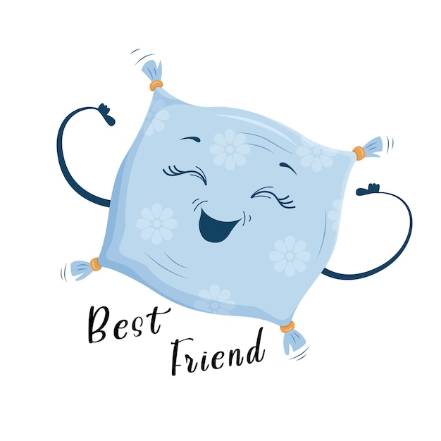 Vector el mejor amigo es la almohada, una linda y alegre almohada de estilo de dibujos animados. imprimir en ropa, platos, textiles. ilustración de vector eps10.