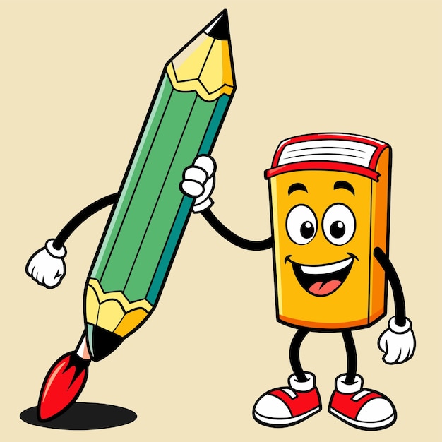 Vector el mejor amigo lindo del lápiz y la pluma, la mascota dibujada a mano, el personaje de dibujos animados, el concepto del icono de la pegatina.