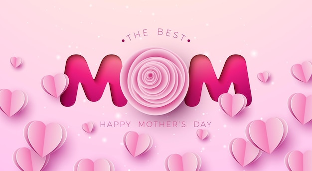 Mejor bandera o tarjeta postal de feliz día de la madre con corazones de papel y flor de rosa en fondo rosa