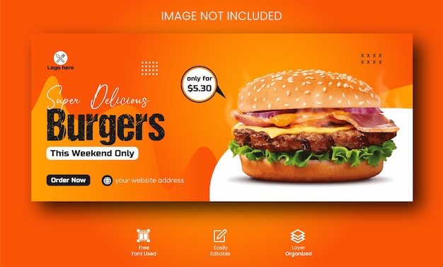 El mejor diseño de portada de Facebook promocional del menú de comida de hamburguesas deliciosas