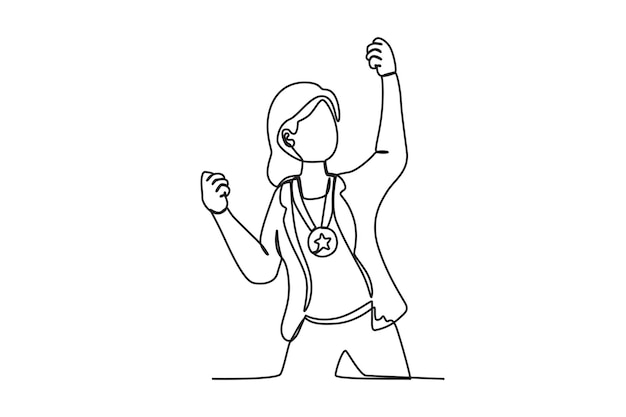 El mejor empleado femenino está con su medalla de diseño de dibujo de línea única.