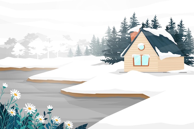 La mejor escena con el paisaje natural de la casa y el árbol del bosque de invierno cubierto de nieve hasta el blanco, ilustración de la naturaleza del campo