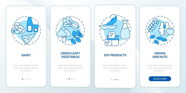 La mejor nutrición para la salud de los huesos pantalla azul de la aplicación móvil de incorporación tutorial 4 pasos páginas de instrucciones gráficas con conceptos lineales ui ux plantilla de gui myriad probold fuentes regulares utilizadas