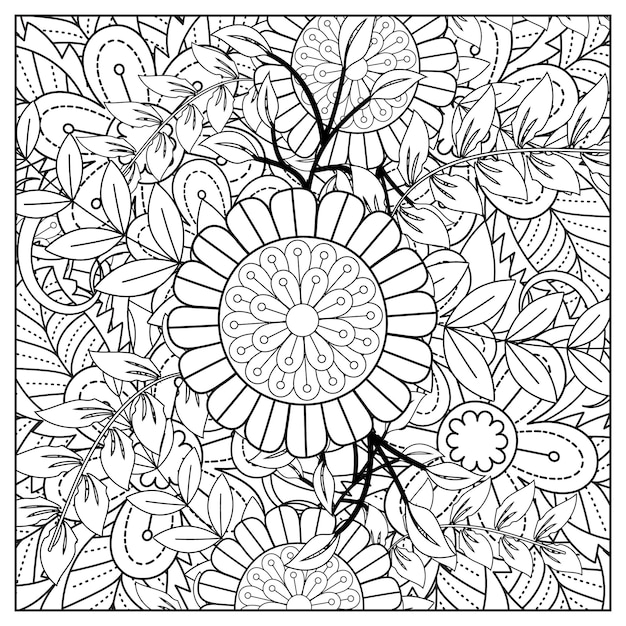 Mejor página para colorear de flores y mandala de ilustración de flores dibujadas a mano para adultos