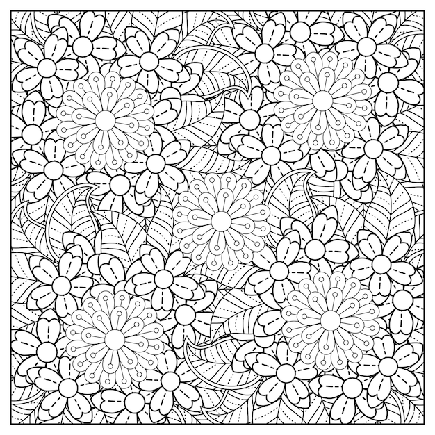 Mejor página para colorear de flores y mandala de ilustración de flores dibujadas a mano para adultos