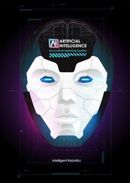 Mejora de cabeza humana o robot. Aprendizaje automático y concepto de dominación de la mente cibernética. AI con Digital Face está aprendiendo a procesar macrodatos, analizar información.