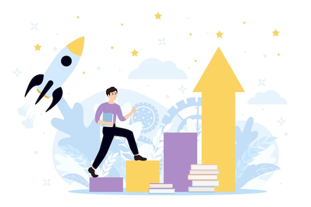 Mejora de las habilidades aprender a medida que aumenta la calificación educativa en el trabajo Concepto de persona pequeña Mentoría Mejoras de habilidades