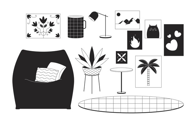 Mejoramiento de la comodidad doméstica conjunto de objetos de dibujos animados en línea 2D en blanco y negro