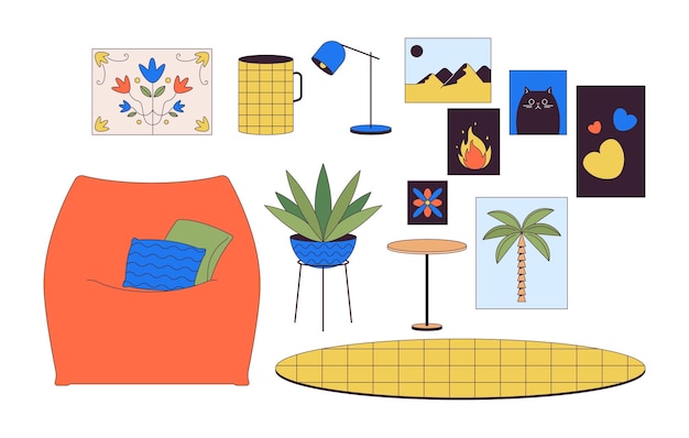 Mejoramiento de la comodidad doméstica Conjunto de objetos de dibujos animados lineales en 2D