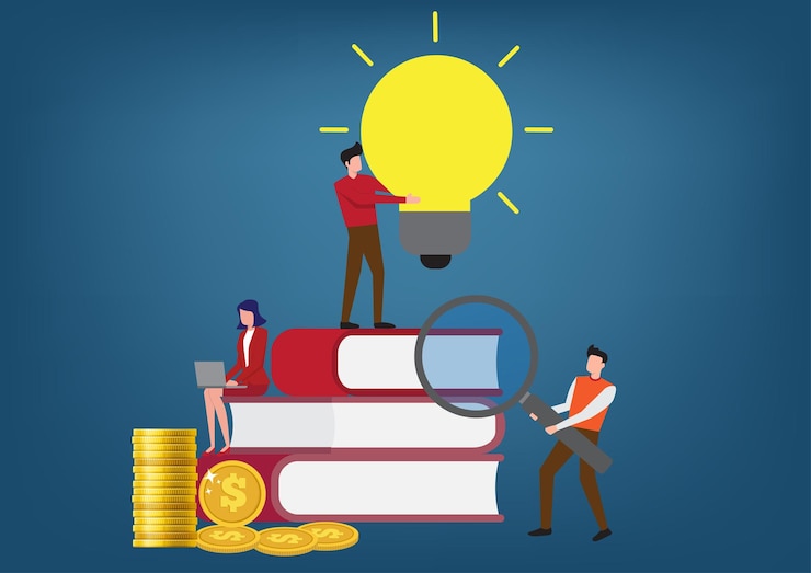 Vector mejorar el conocimiento de inversión encontrar una manera de acumular riqueza motivación para el éxito un hombre de negocios comprometido a estudiar temas para ganar dinero