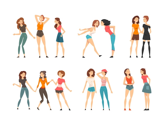 Mejores amigas mujeres pasando buen tiempo juntas reuniéndose y hablando conjunto vectorial