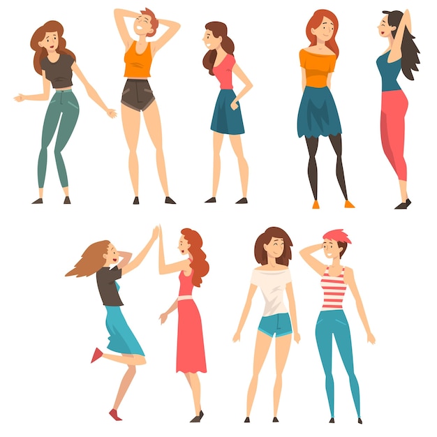 Vector mejores amigas set felices chicas sonrientes pasando un buen rato juntas amistad femenina ilustración vectorial de concepto sobre fondo blanco