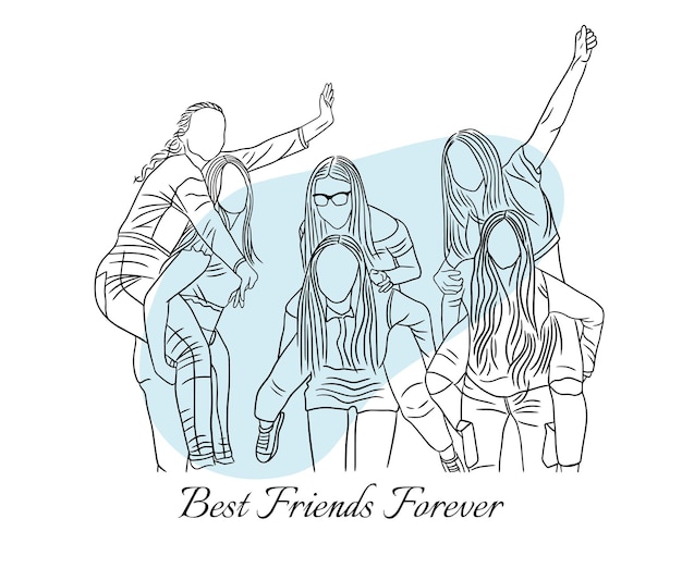 Mejores Amigos Mujeres Felices Chicas Línea Estilo Artes Ilustración Dibujada Mano