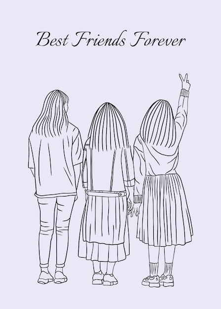 Mejores Amigos Mujeres Felices Chicas Línea Estilo Artes Ilustración Dibujada Mano