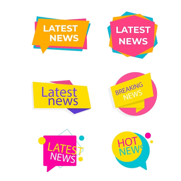 Las mejores ilustraciones vectoriales de noticias en vivo etiquetas de marca plana de dibujos animados con el último informe del periódico lo