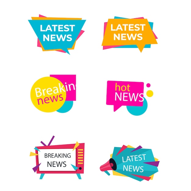 Las mejores ilustraciones vectoriales de noticias en vivo etiquetas de marca plana de dibujos animados con el último informe del periódico lo
