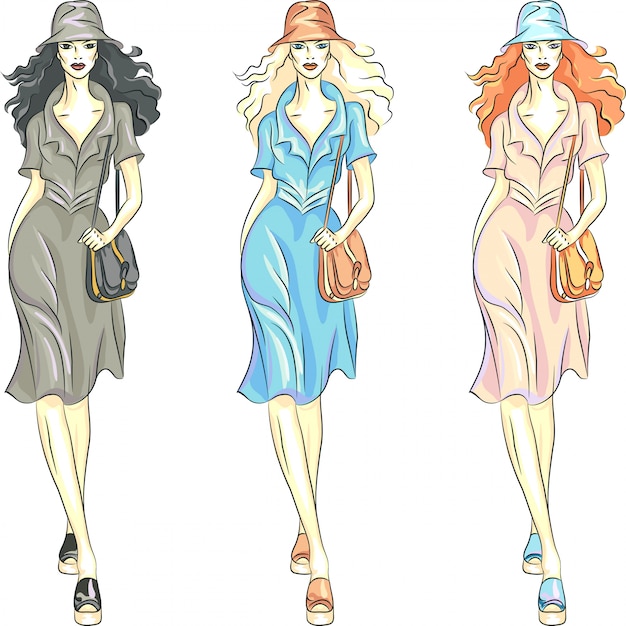 Vector las mejores modelos de moda para niñas en vestidos y sombreros