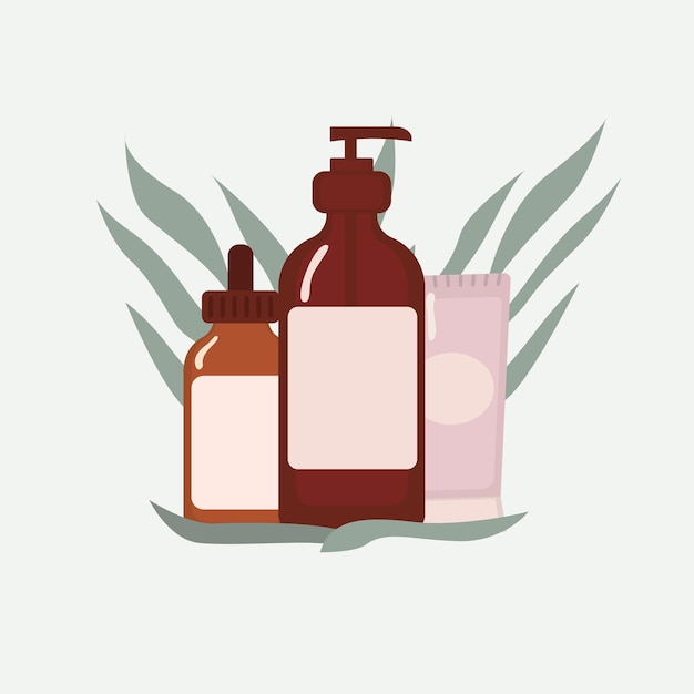 Melodía cosmética natural aislada sobre fondo blanco productos naturales para el cuidado facial botellas y tubos de ilustración cosmética orgánica ilustración vectorial plana x9