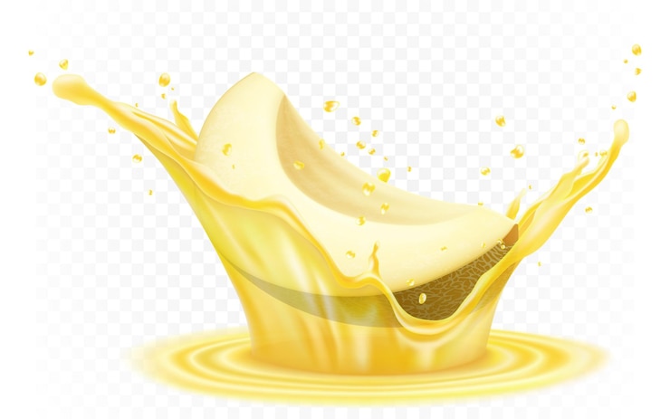 Vector melón honeydew fruta fresca de melón dulce con salpicaduras de jugo amarillo realista bebida o sabor de melón ilustración aislada 3d vectorial realista
