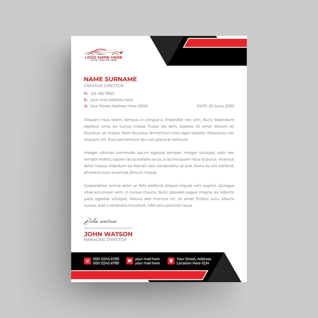 Membrete de empresa de alquiler de coches Diseño de membrete comercial Diseño sencillo y limpio listo para imprimir