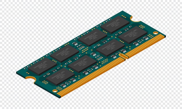 Memoria de acceso aleatorio isométrica Memoria RAM realista 3D isométrica Componentes de hardware de la computadora Ilustración vectorial
