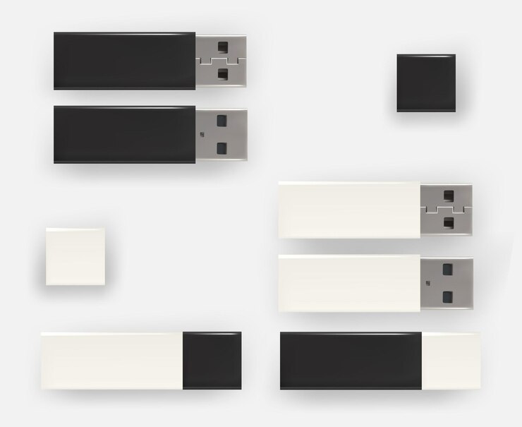 Vector memorias usb, discos flash en blanco y negro. unidades flash usb. aislado. vector.