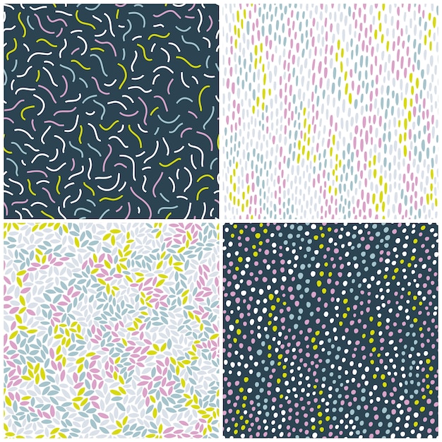 Memphis colección de patrones sin fisuras. Rayas cintas flexibles, rayas, lunares, dibujado a mano abstracto colores de fondo colorido. Moda 80-90. Ideal para textiles, telas, papel digital.