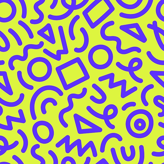 Memphis Line Shapes Patrón sin costuras Fondo abstracto moderno y vibrante con garabates lúdicos