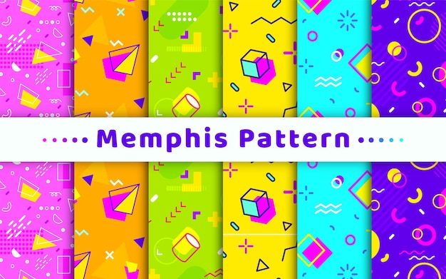 Memphis patrón sin costuras geométrico retro plano conjunto Brillante colorido regalo papel envoltura cubierta de libro publicidad textil impresión 80s90s tendencia gráfica relleno hipster banner tela estilo pop vector geométrico