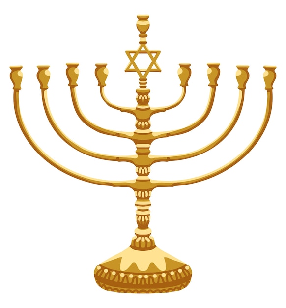 Menora dorada de Hanukkah con velas encendidas Ilustración en fondo blanco patrón plano vectorial