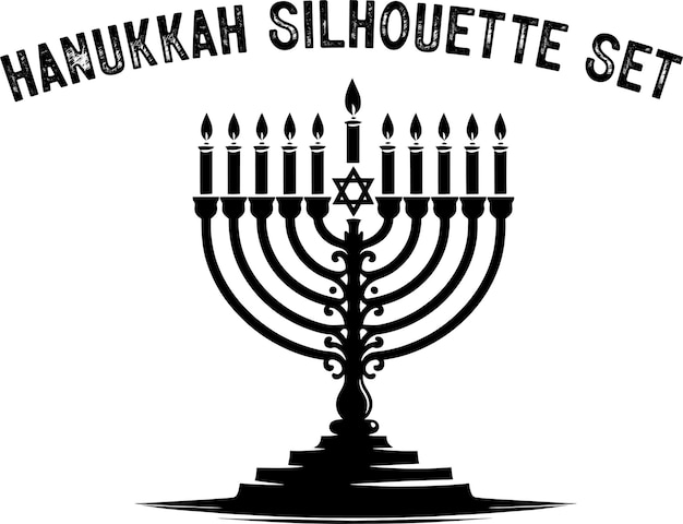 Menorah silueta Candelabros silueta Hanukkah conjunto Negro y blanco aislado