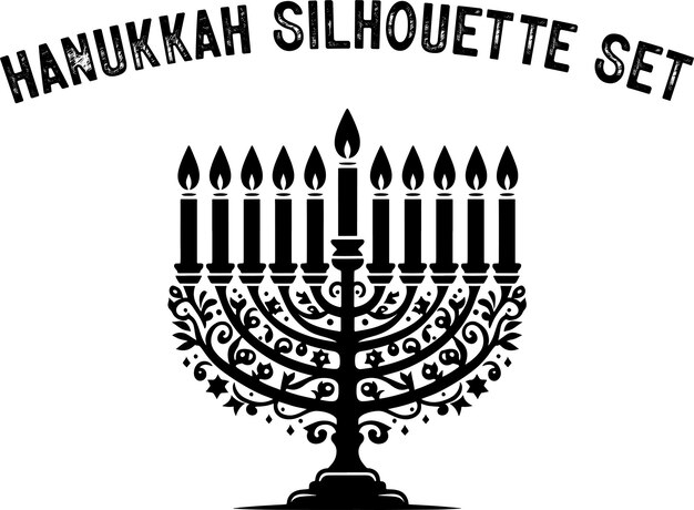 Menorah silueta Candelabros silueta Hanukkah conjunto Negro y blanco aislado