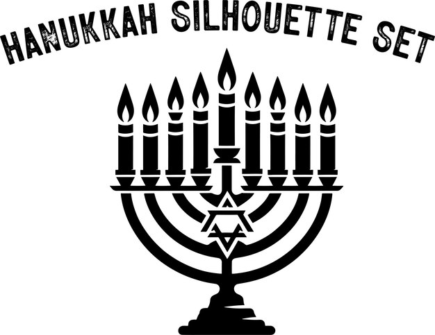 Menorah silueta Candelabros silueta Hanukkah conjunto Negro y blanco aislado