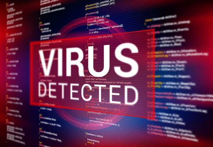 Vector mensaje de alerta de advertencia de virus detectado en la pantalla de la computadora. ataque de piratería, software espía y programa de malware, software malicioso, fondo de peligro de troyano con línea de código de programa, notificación de advertencia de amenaza