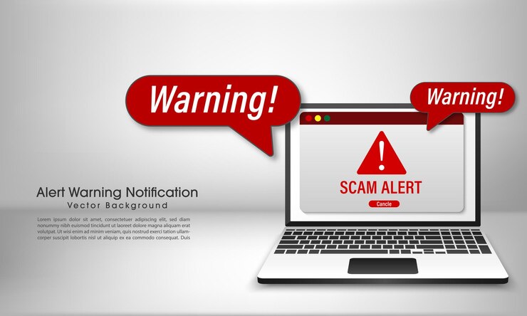 Vector mensaje de alerta de estafa en la ventana del navegador tenga cuidado con el símbolo de peligro de internet concepto de tecnología de seguridad cibernética seguridad de red e internet vector e ilustraciónx9