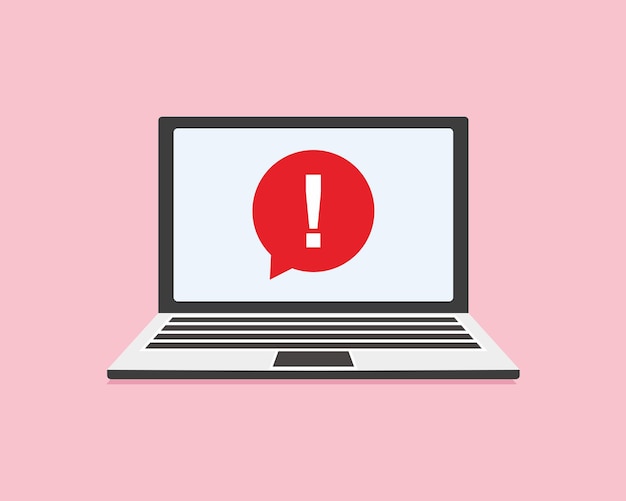 Vector mensaje de alerta notificación de la computadora portátil alertas de error de peligro problema de virus de la computadora portátil o notificaciones de problemas de correo no deseado de mensajería insegura ilustración vectorial