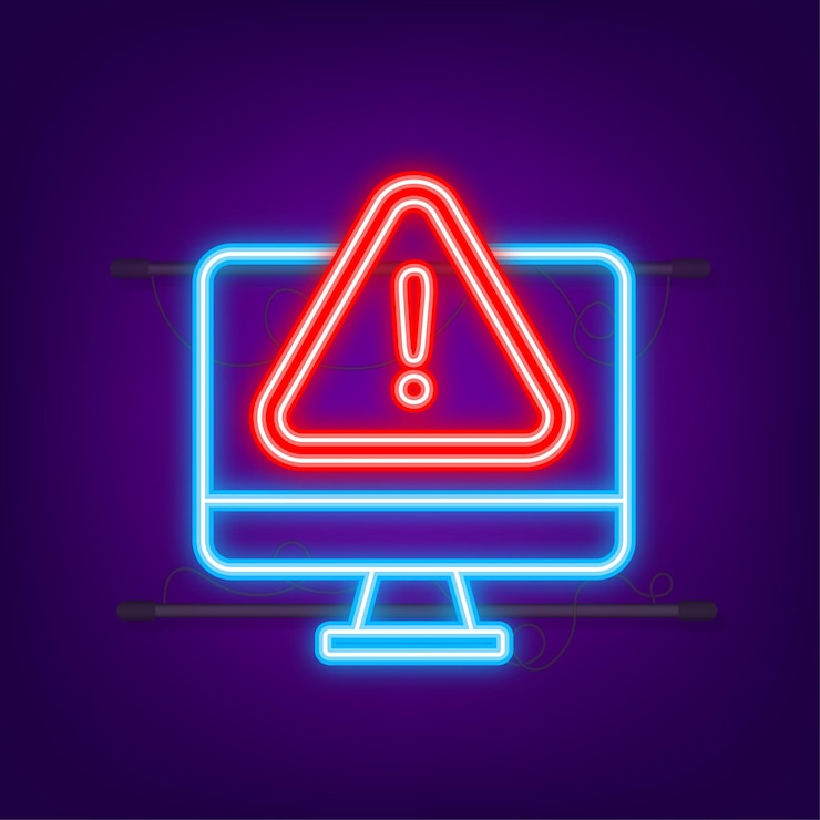 Vector mensaje de alerta notificación de la computadora portátil icono de neón alerta de error de peligro problema de virus en la computadora portátil