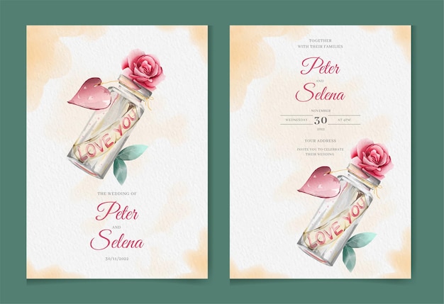 Vector mensaje de amor botella hermosa acuarela conjunto de invitación de boda