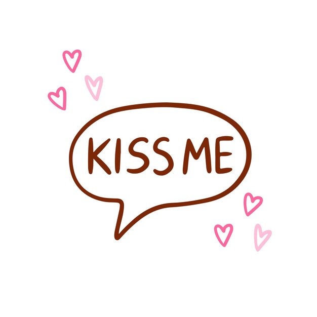 Mensaje bésame en letras rosas de burbujas de habla con corazones aislados en blanco. Feliz día de San Valentín